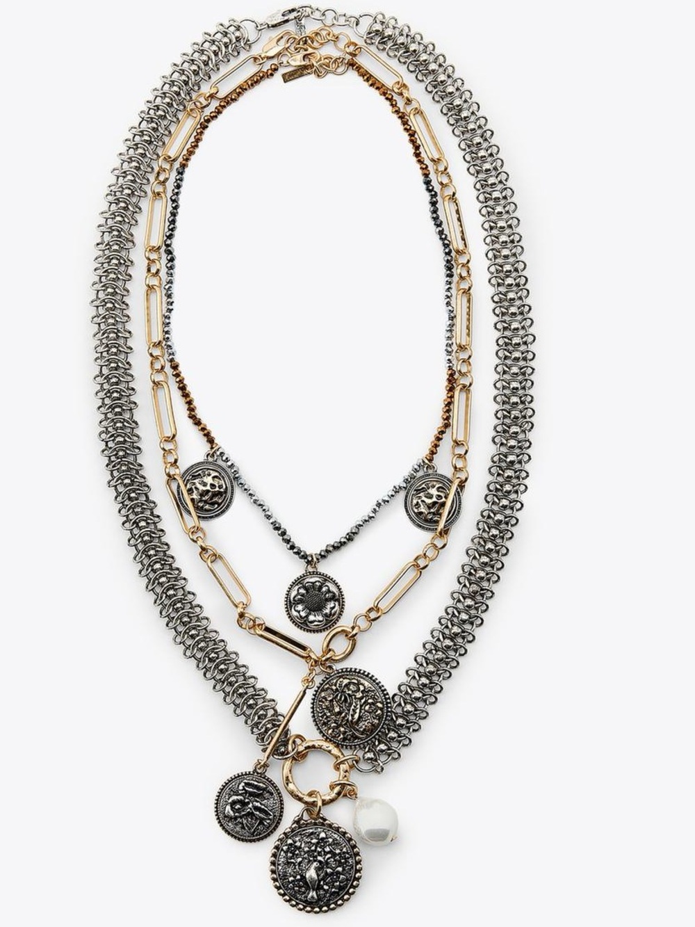 Zara Set of 3 Chains With Medallions Golden/Silver Charm Floral Bird Faux Pearl